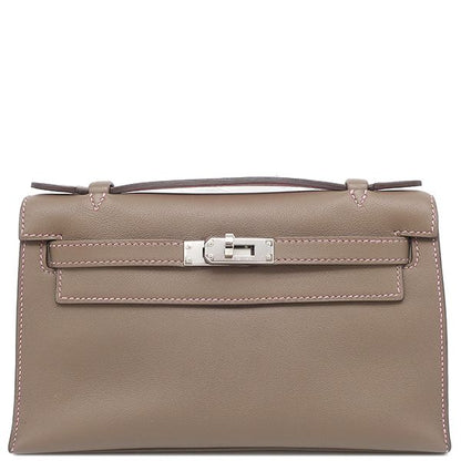 Hermes Handbag Pochette Kelly Swift Etoupe X Uno Pink Silver Hardware Glazed