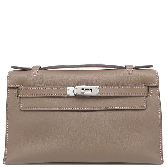 Hermes Handbag Pochette Kelly Swift Etoupe X Uno Pink Silver Hardware Glazed