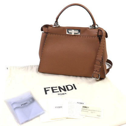 Fendi 8bn290 Peekaboo Regular Leather 2WAY Handbag Shoulder Bag Brown Made In