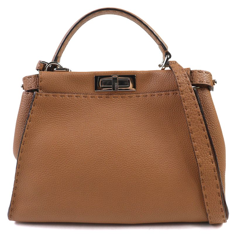 Fendi 8bn290 Peekaboo Regular Leather 2WAY Handbag Shoulder Bag Brown Made In