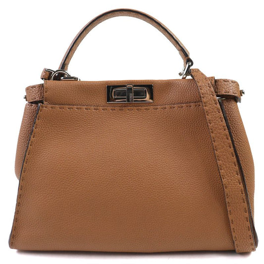 Fendi 8bn290 Peekaboo Regular Leather 2WAY Handbag Shoulder Bag Brown Made In