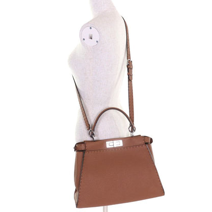 Fendi 8bn290 Peekaboo Regular Leather 2WAY Handbag Shoulder Bag Brown Made In