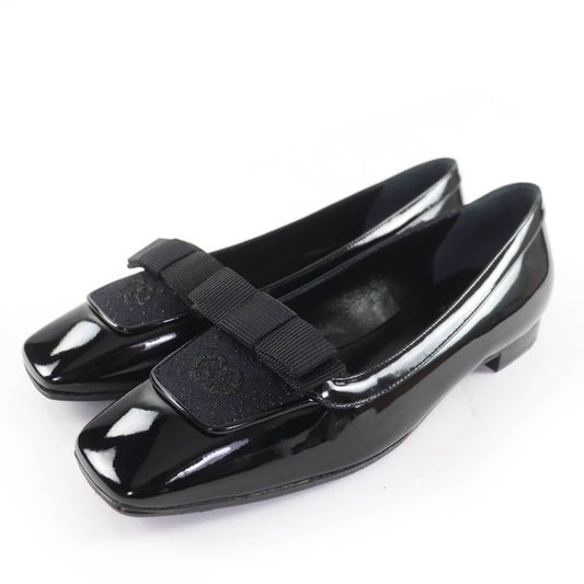 Gucci 750541 Ribbon Motif GG Patent Leather Ballet Shoes Pumps Black 37 With