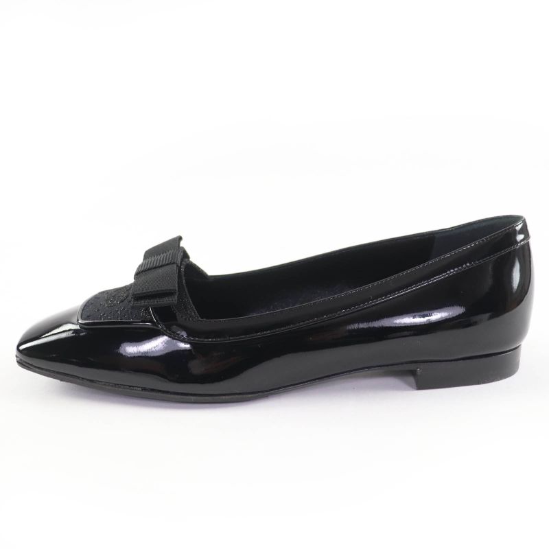 Gucci 750541 Ribbon Motif GG Patent Leather Ballet Shoes Pumps Black 37 With