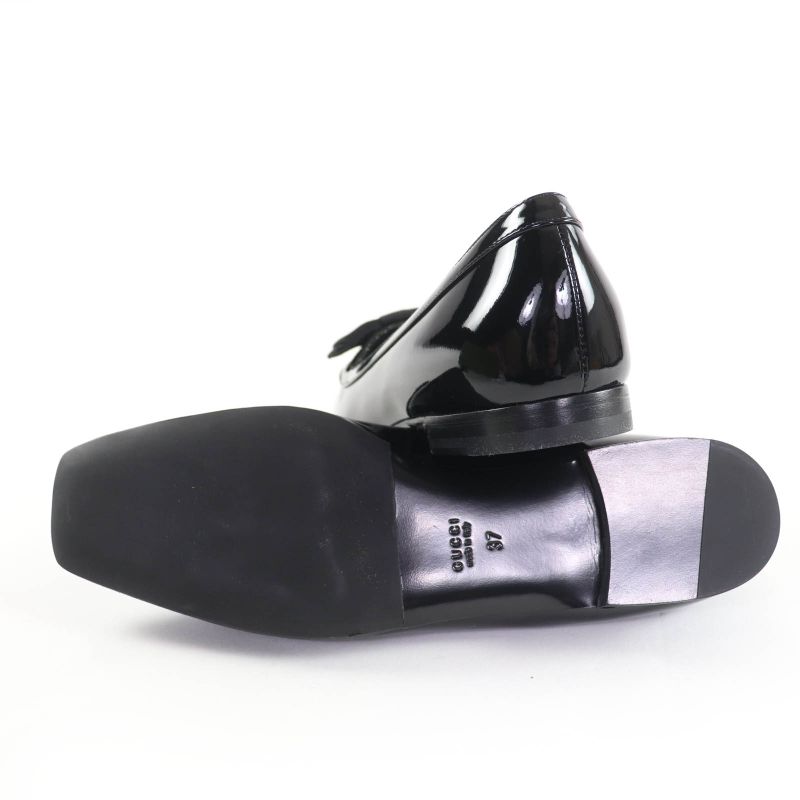 Gucci 750541 Ribbon Motif GG Patent Leather Ballet Shoes Pumps Black 37 With