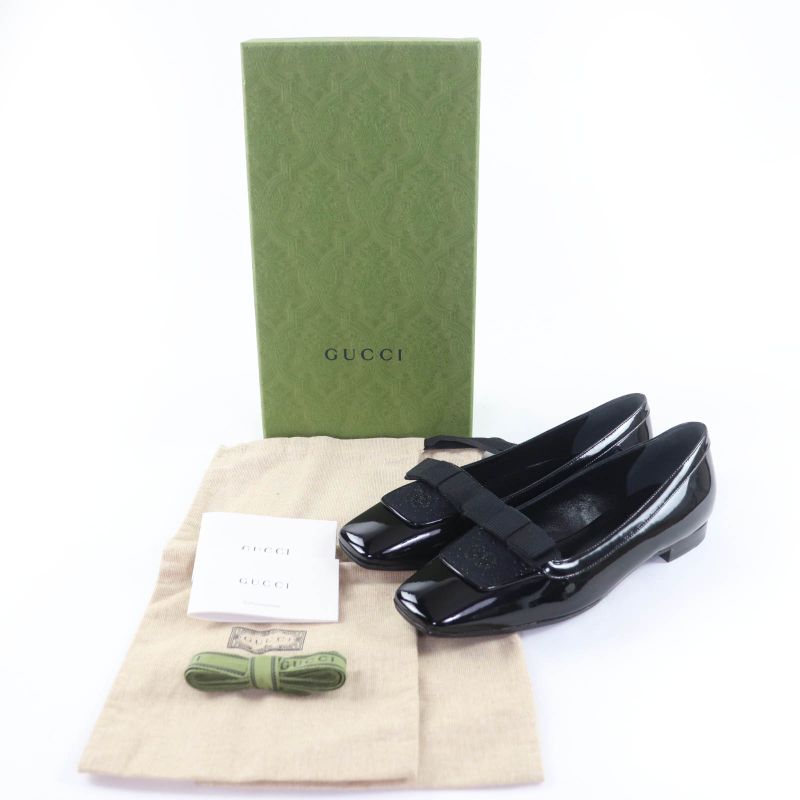 Gucci 750541 Ribbon Motif GG Patent Leather Ballet Shoes Pumps Black 37 With
