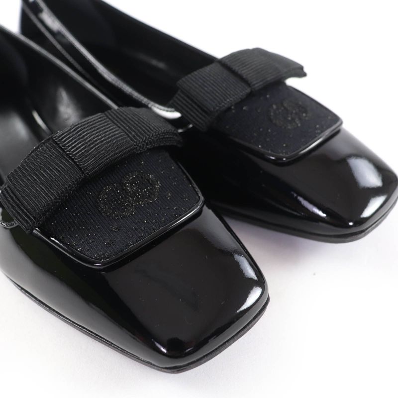 Gucci 750541 Ribbon Motif GG Patent Leather Ballet Shoes Pumps Black 37 With
