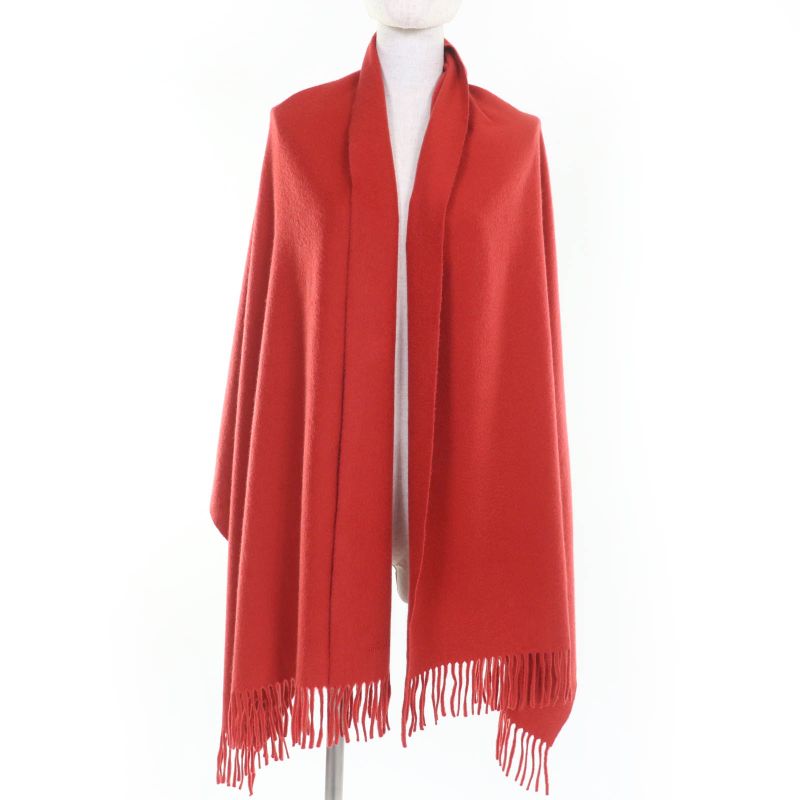 Hermes 100% Cashmere Large Shawl Scarf With Logo Embroidery And Fringe Orange