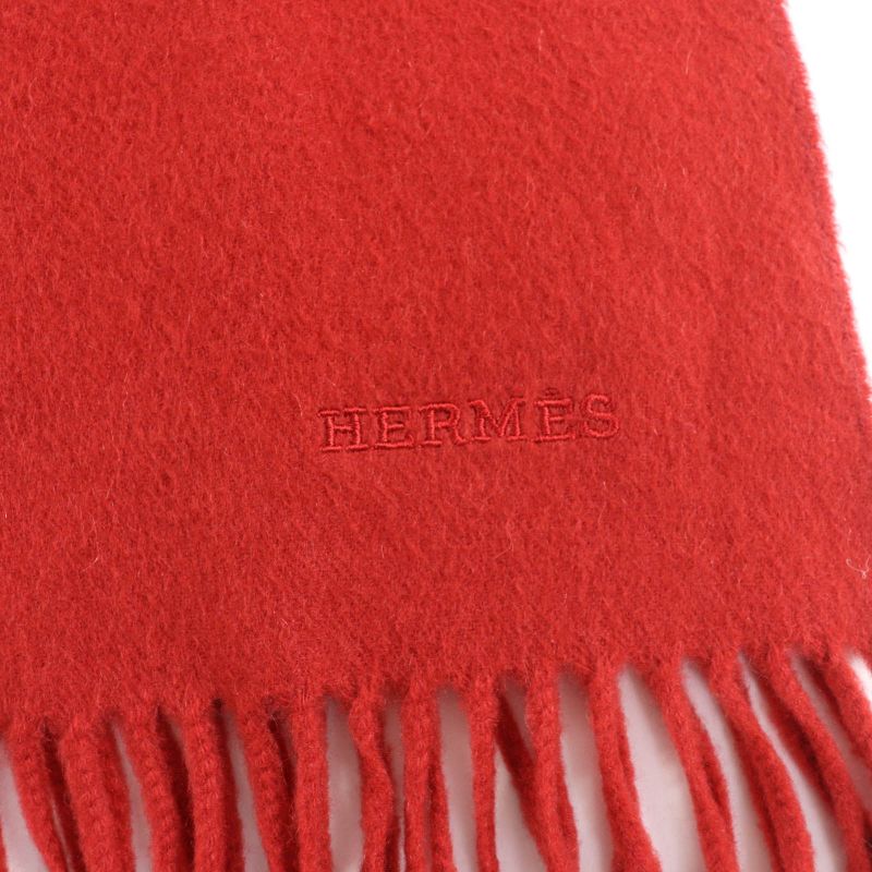 Hermes 100% Cashmere Large Shawl Scarf With Logo Embroidery And Fringe Orange