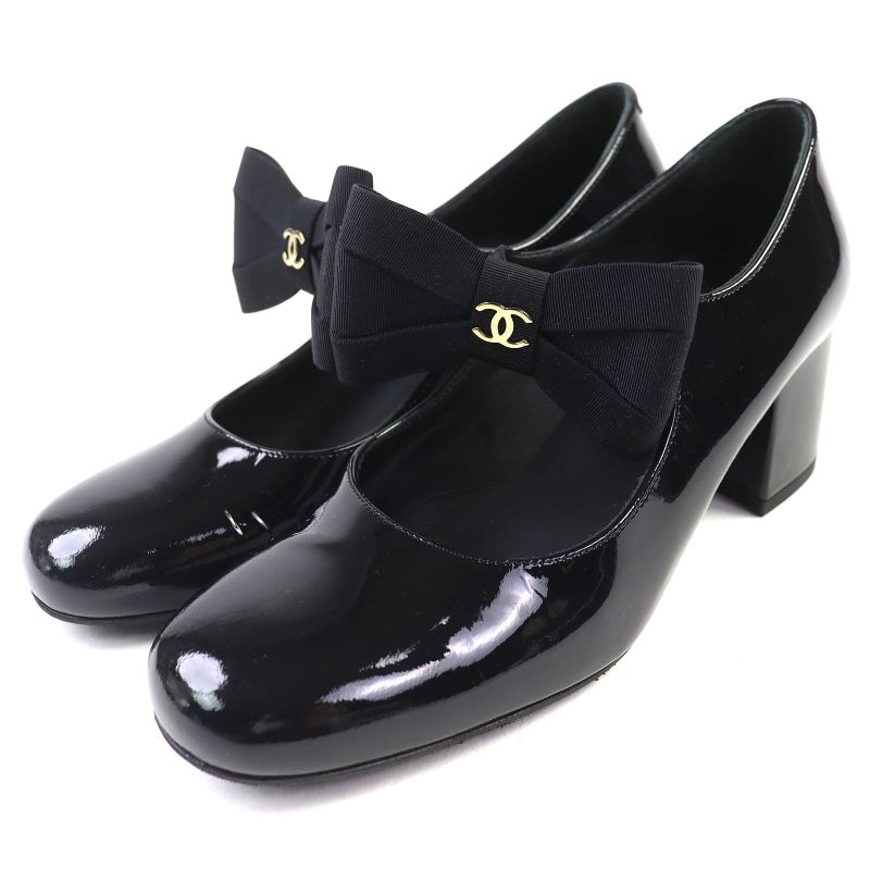 CHANEL G45356 Mary Jane Patent Leather Coco Mark Grosgrain Ribbon Pumps Black