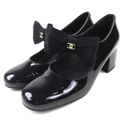 CHANEL G45356 Mary Jane Patent Leather Coco Mark Grosgrain Ribbon Pumps Black