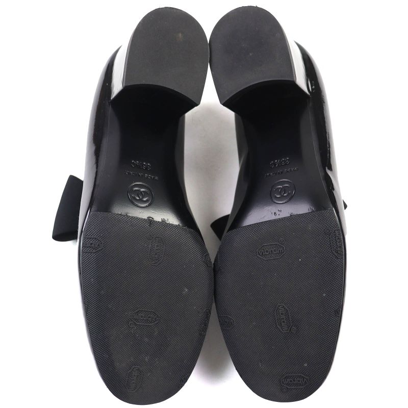 CHANEL G45356 Mary Jane Patent Leather Coco Mark Grosgrain Ribbon Pumps Black