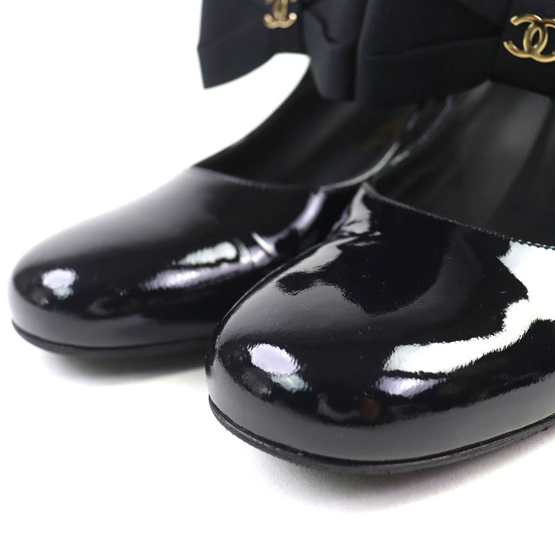 CHANEL G45356 Mary Jane Patent Leather Coco Mark Grosgrain Ribbon Pumps Black