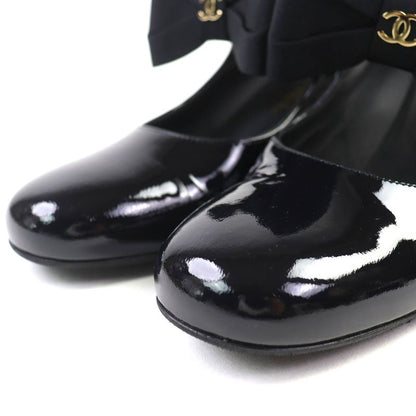 CHANEL G45356 Mary Jane Patent Leather Coco Mark Grosgrain Ribbon Pumps Black