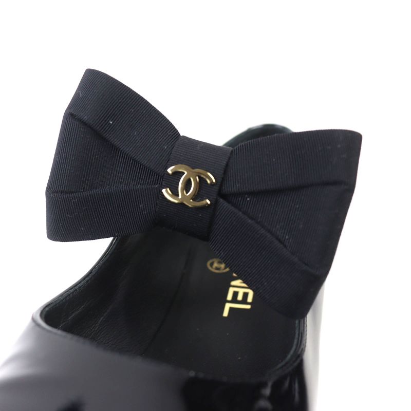 CHANEL G45356 Mary Jane Patent Leather Coco Mark Grosgrain Ribbon Pumps Black