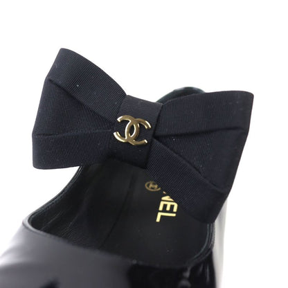 CHANEL G45356 Mary Jane Patent Leather Coco Mark Grosgrain Ribbon Pumps Black
