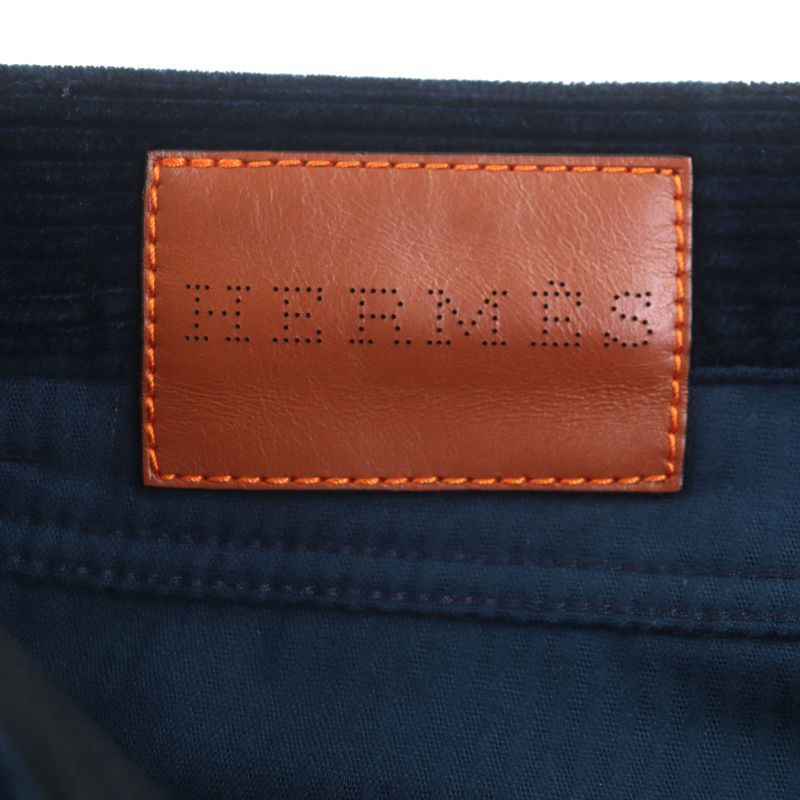 Hermes 100% Cotton Serie Button Fly Leather Corduroy Pants With Patches Navy