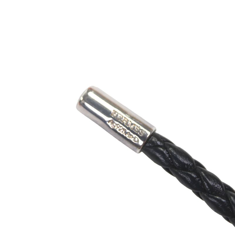 Hermes Ag925 Leather Braided Design Charm Key Holder Black With Silver Box