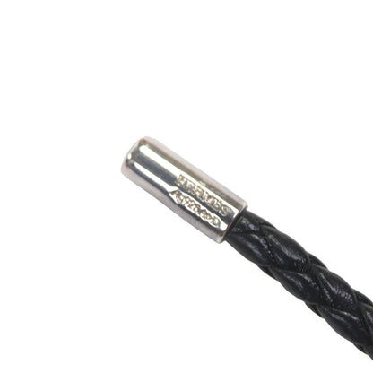 Hermes Ag925 Leather Braided Design Charm Key Holder Black With Silver Box