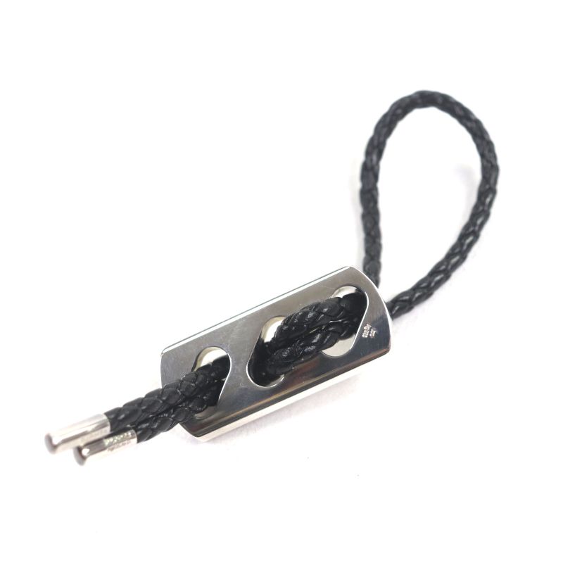 Hermes Ag925 Leather Braided Design Charm Key Holder Black With Silver Box