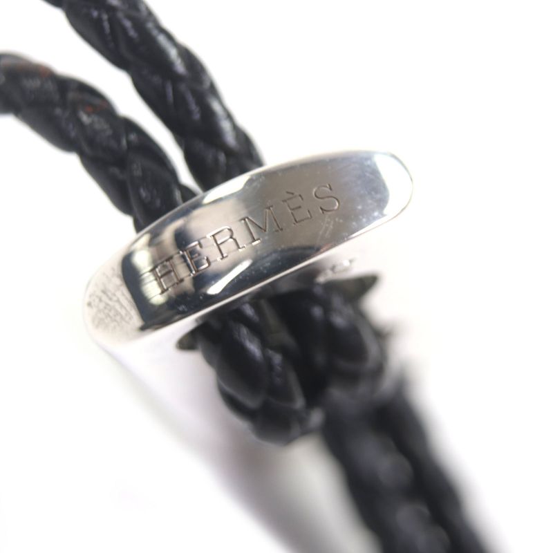 Hermes Ag925 Leather Braided Design Charm Key Holder Black With Silver Box
