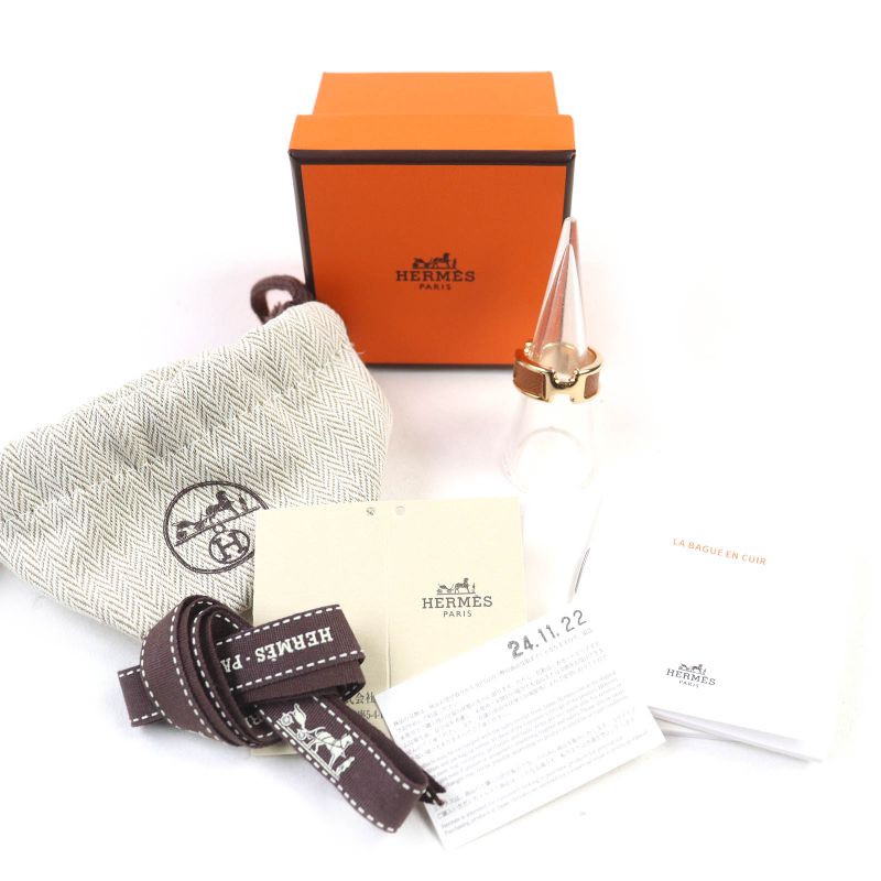 Hermes Ring Olympe PM Leather Gold Hardware Ring Brown S Size 12 Equivalent