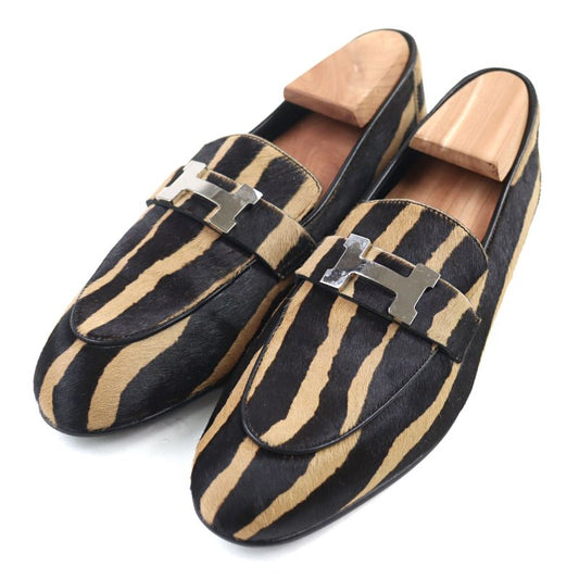 Hermes 2021 212248z Halaco H Metal Zebra Pattern Moccasin Loafers Camel Black