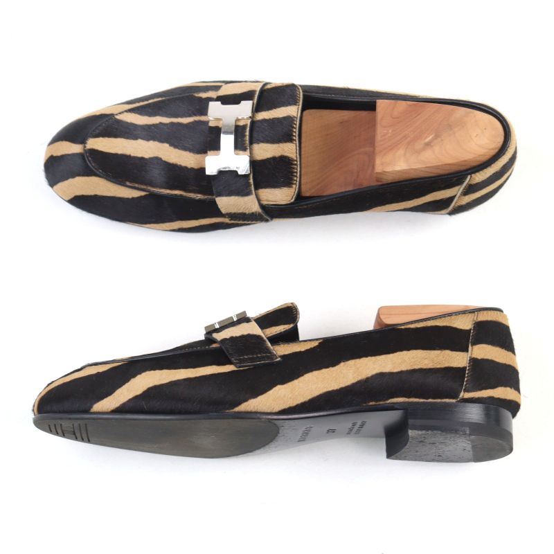 Hermes 2021 212248z Halaco H Metal Zebra Pattern Moccasin Loafers Camel Black