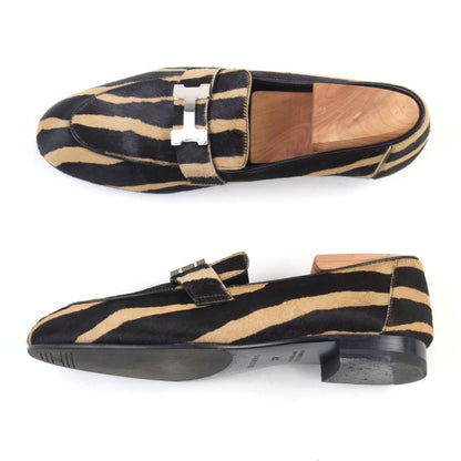 Hermes 2021 212248z Halaco H Metal Zebra Pattern Moccasin Loafers Camel Black
