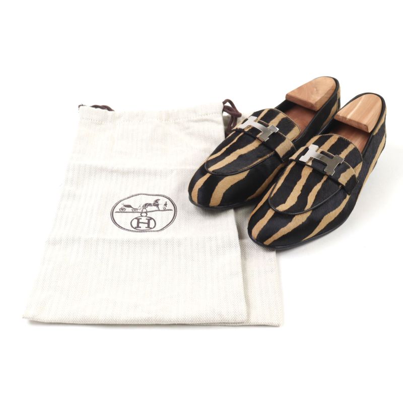 Hermes 2021 212248z Halaco H Metal Zebra Pattern Moccasin Loafers Camel Black
