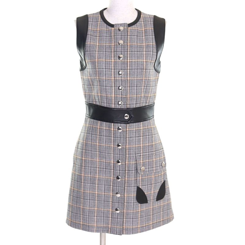 Louis Vuitton 2023 Fpdr64 Wool Logo Button LV Logo Tweed Leather Switched Dress