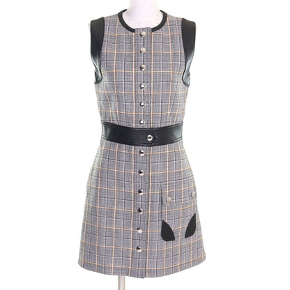 Louis Vuitton 2023 Fpdr64 Wool Logo Button LV Logo Tweed Leather Switched Dress