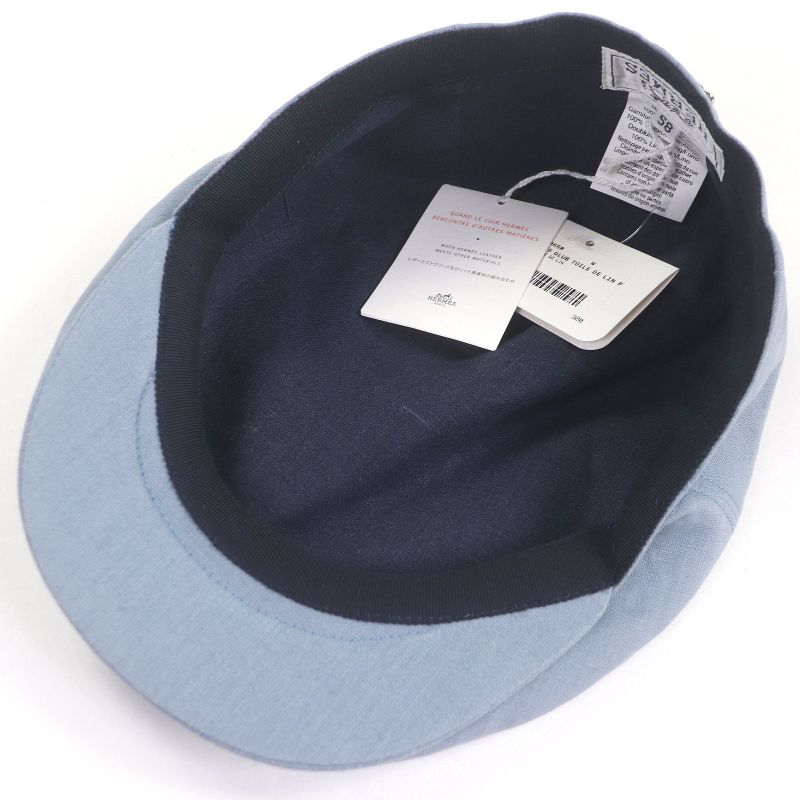 Hermes 100% Linen Calfskin Leather Belted Hunting Hat BLEU Grise 58 Made In