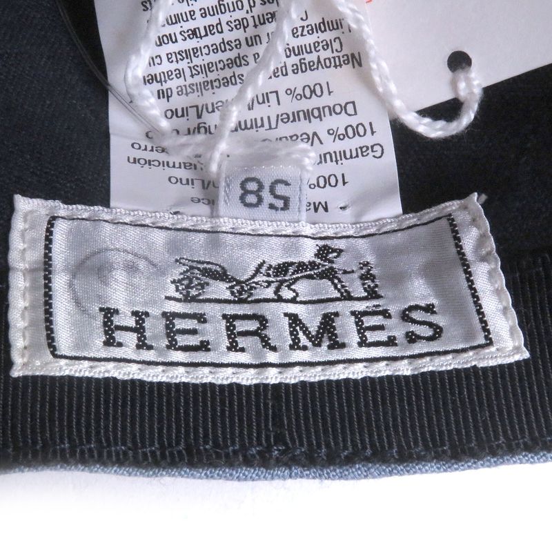Hermes 100% Linen Calfskin Leather Belted Hunting Hat BLEU Grise 58 Made In