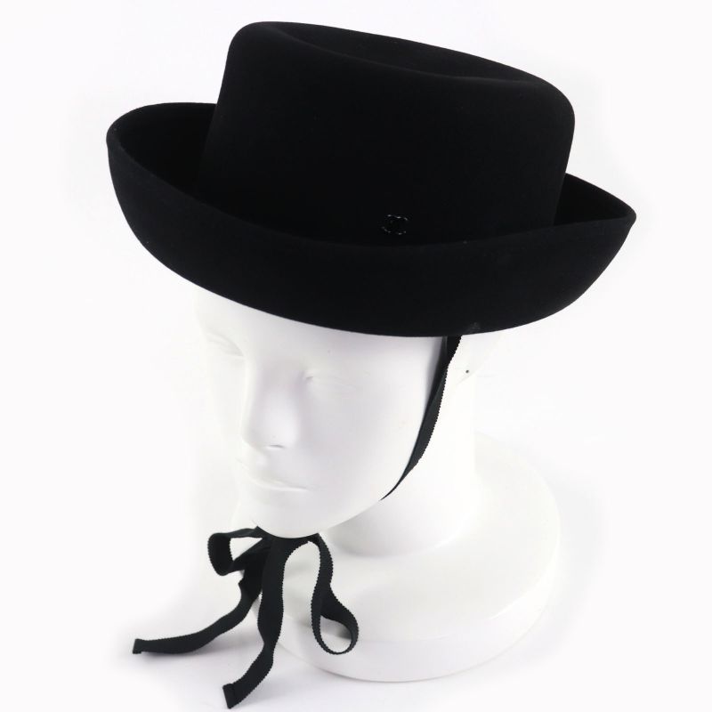 CHANEL 20S Rabbit Hair Coco Mark Hardware With Ribbon Polar Hat Black M With