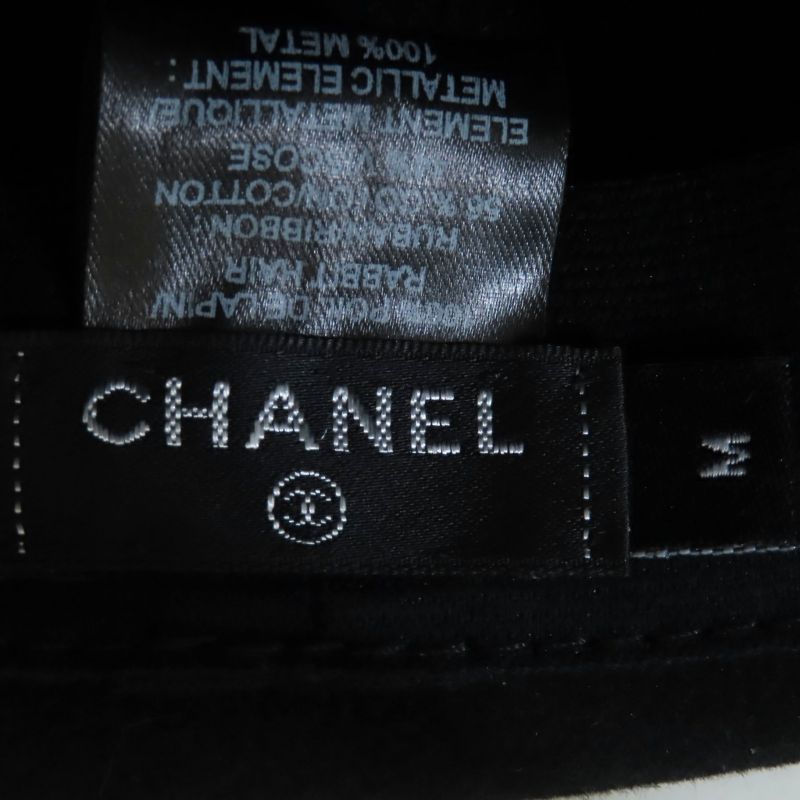 CHANEL 20S Rabbit Hair Coco Mark Hardware With Ribbon Polar Hat Black M With