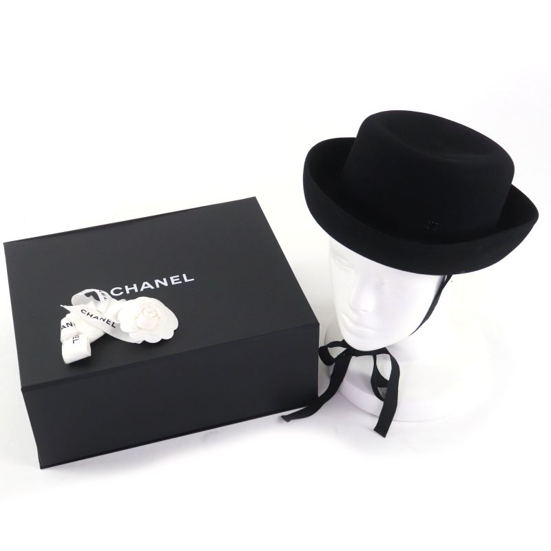 CHANEL 20S Rabbit Hair Coco Mark Hardware With Ribbon Polar Hat Black M With