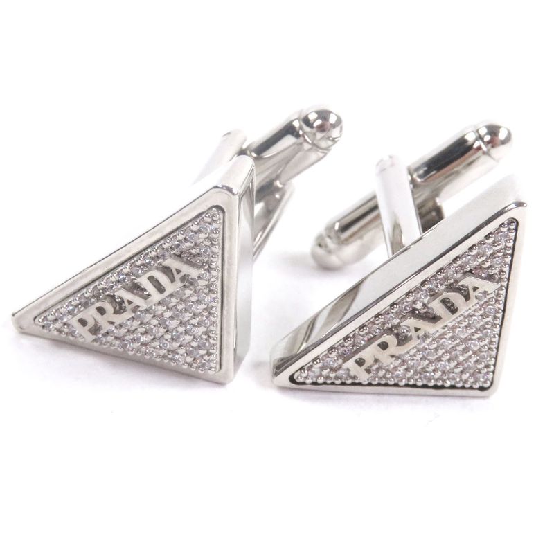 Prada Rhinestone Triangle Logo Cufflinks Button Cufflinks Silver With Box Made