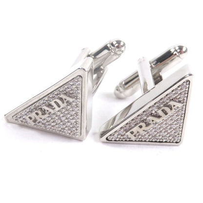 Prada Rhinestone Triangle Logo Cufflinks Button Cufflinks Silver With Box Made
