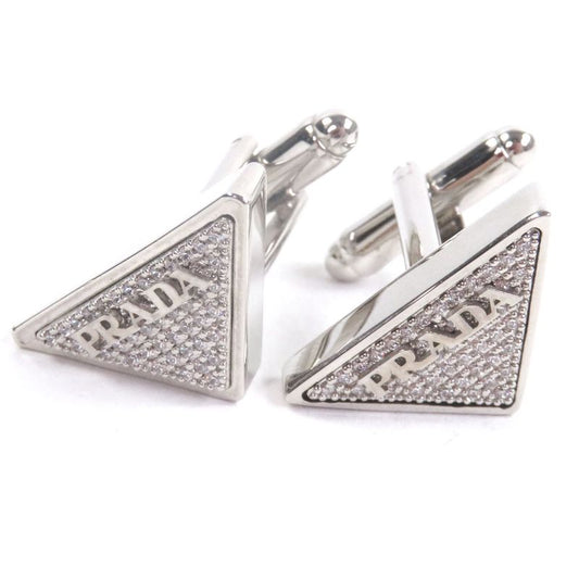 Prada Rhinestone Triangle Logo Cufflinks Button Cufflinks Silver With Box Made