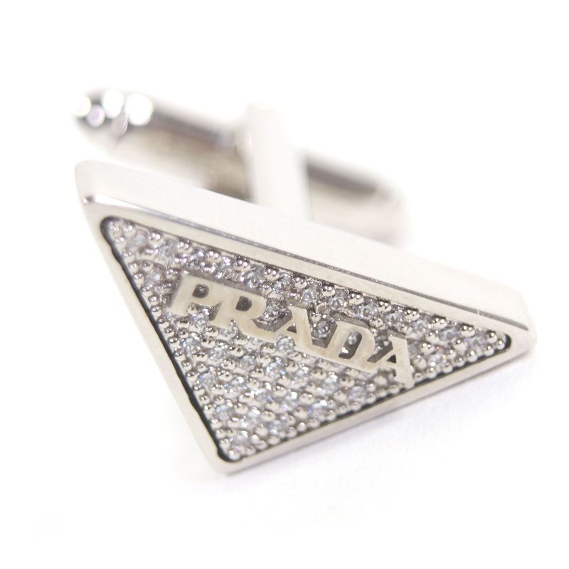 Prada Rhinestone Triangle Logo Cufflinks Button Cufflinks Silver With Box Made