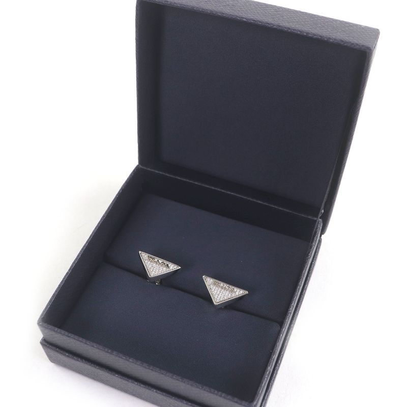 Prada Rhinestone Triangle Logo Cufflinks Button Cufflinks Silver With Box Made