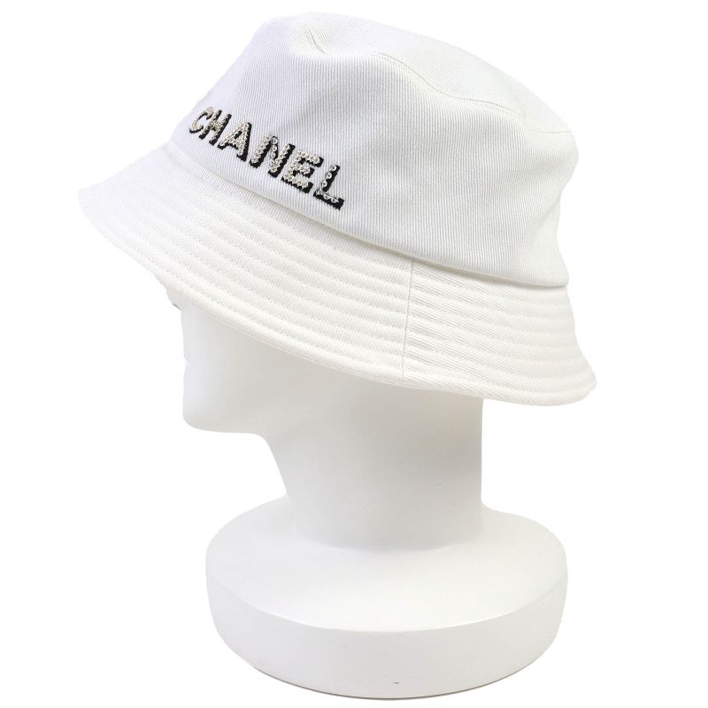 CHANEL 22P 100% Cotton Logo Rhinestone Bucket Hat White L Genuine