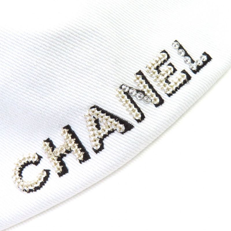 CHANEL 22P 100% Cotton Logo Rhinestone Bucket Hat White L Genuine
