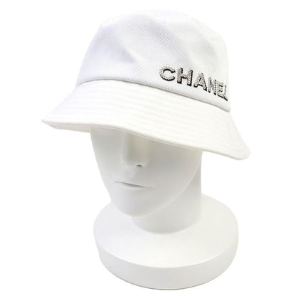 CHANEL 22P 100% Cotton Logo Rhinestone Bucket Hat White L Genuine