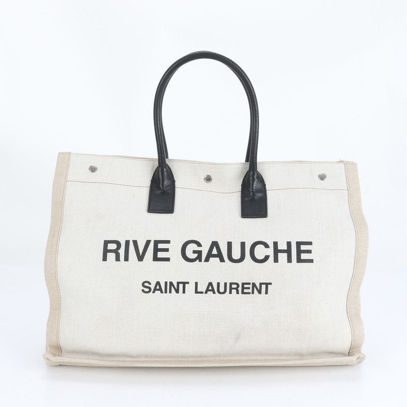 YSL Saint Laurent Paris Rive Gauche Leather Linen Tote Bag Shoulder Hand A4