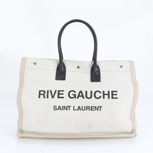 YSL Saint Laurent Paris Rive Gauche Leather Linen Tote Bag Shoulder Hand A4