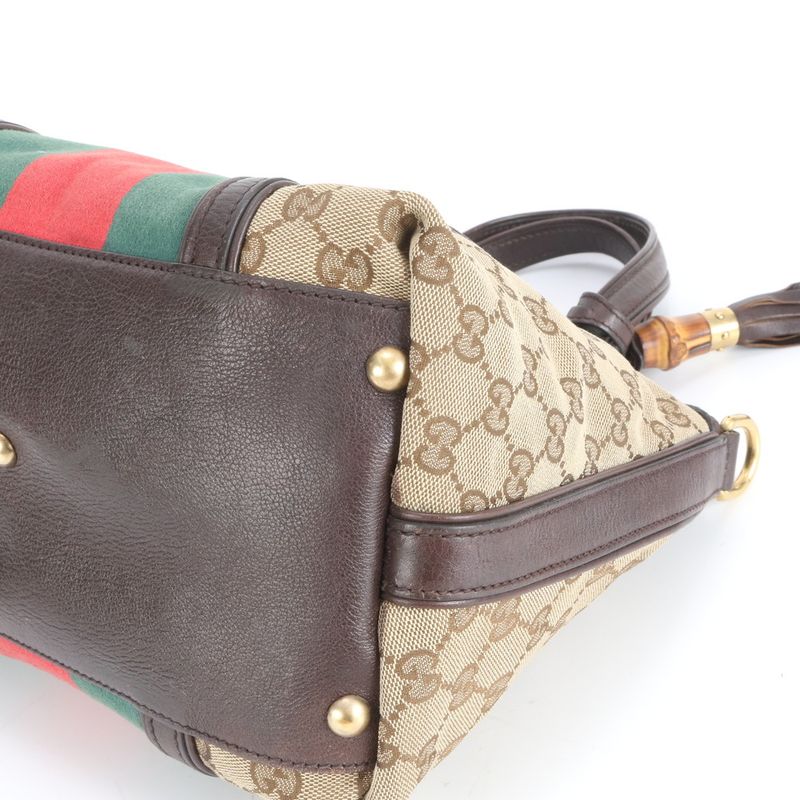 Gucci GG Canvas Sherry Line Bamboo Fringe Charm Leather Tote Bag 353114 Women