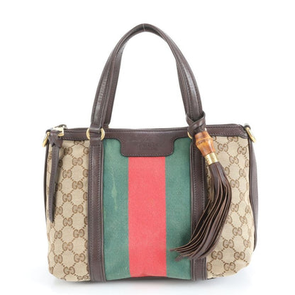 Gucci GG Canvas Sherry Line Bamboo Fringe Charm Leather Tote Bag 353114 Women