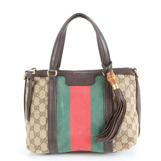 Gucci GG Canvas Sherry Line Bamboo Fringe Charm Leather Tote Bag 353114 Women